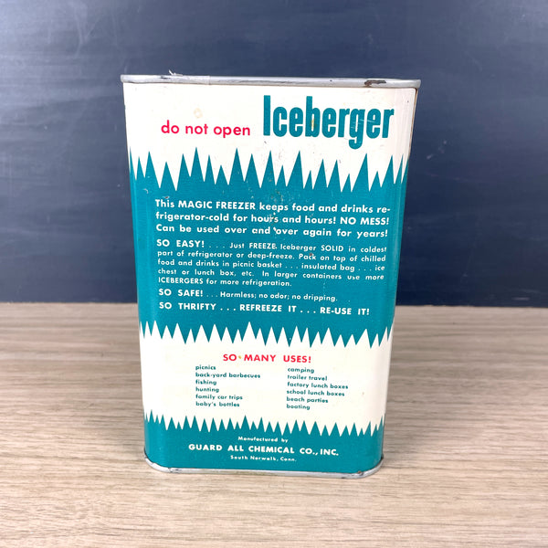 Iceberger canned ice - Guard All Chemical Co, Inc. - freeze and refreeze metal can for coolers - 1960s vintage