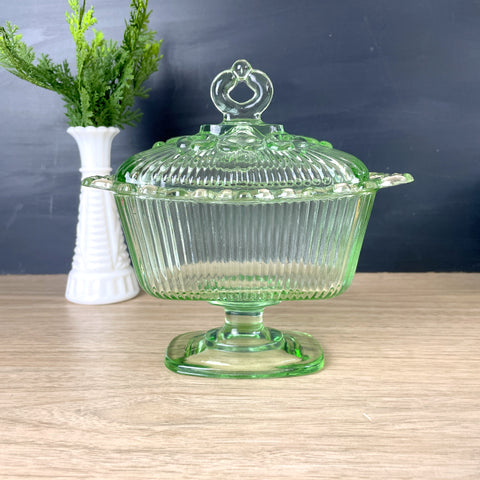 Indiana Glass covered pedestal candy dish - vintage apple green glass - NextStage Vintage