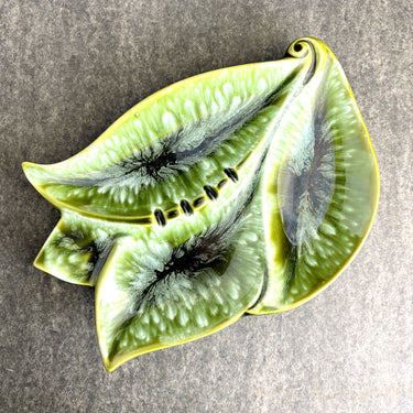 MCM Nanco Pottery Leaf-shaped Ashtrays Trinket Dishes – Made in Japan – Asparagus Green Drip Glaze - Set of 2 - NextStage Vintage