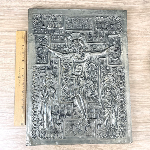 Folk art Jesus on cross embossed tin relief - 1960s religious wall art - NextStage Vintage