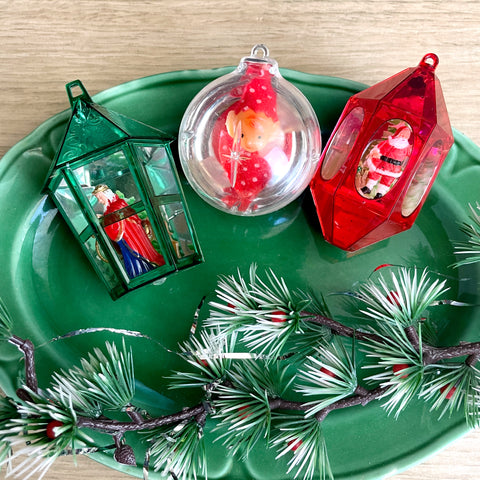 three jewelbrite plastic christmas ornaments from the 1960s