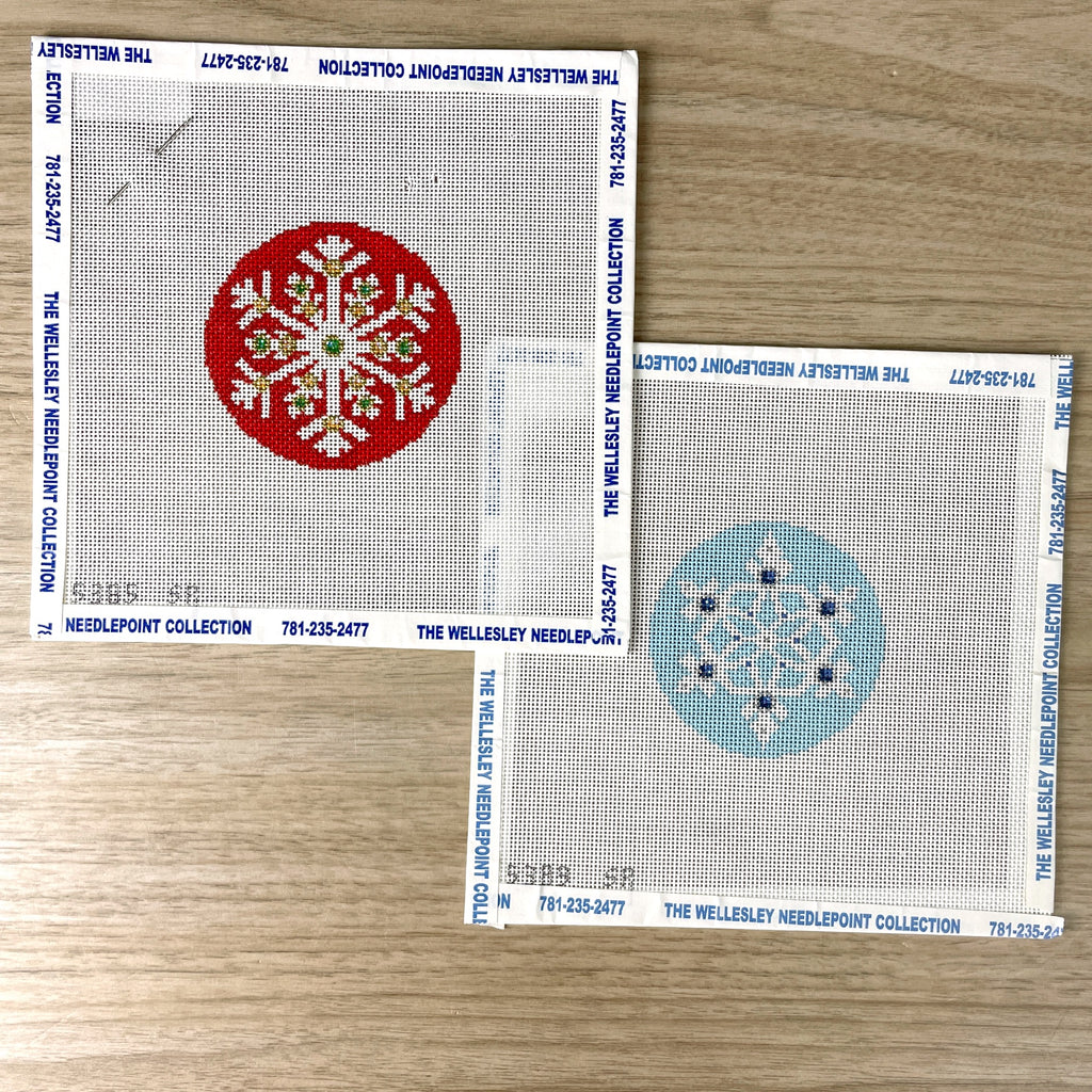Susan Roberts Red and Blue Jewel Snowflake ornament needlework canvases - NextStage Vintage