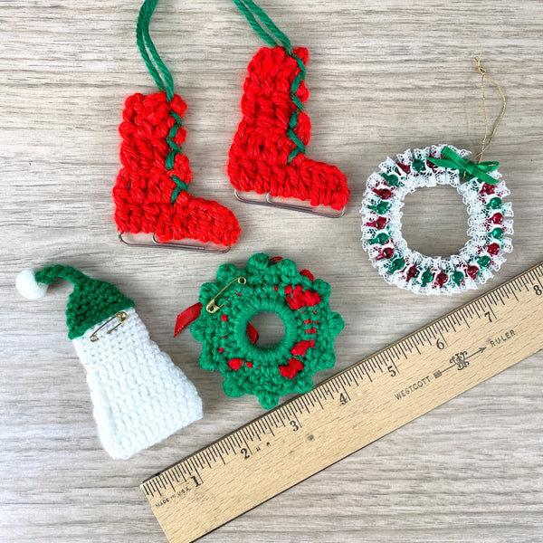 Christmas ribbon and yarn ornament trio - vintage holiday - NextStage Vintage