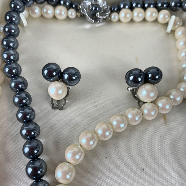 Kokusai simulated pearl necklace and earrings in gray and white