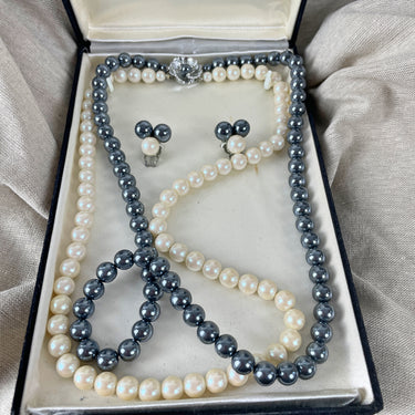 Kokusai simulated pearl necklace and earrings in gray and white - NextStage Vintage