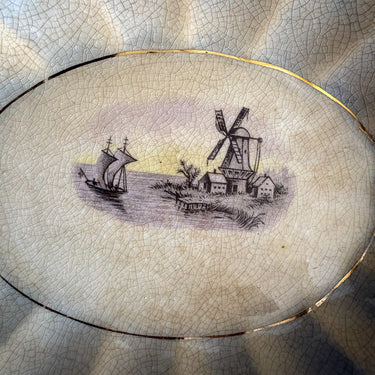 Antique La Francaise Porcelain Flow Blue Vegetable Bowl - Windmill & Sailboat Scene - Turn of the Century Decor