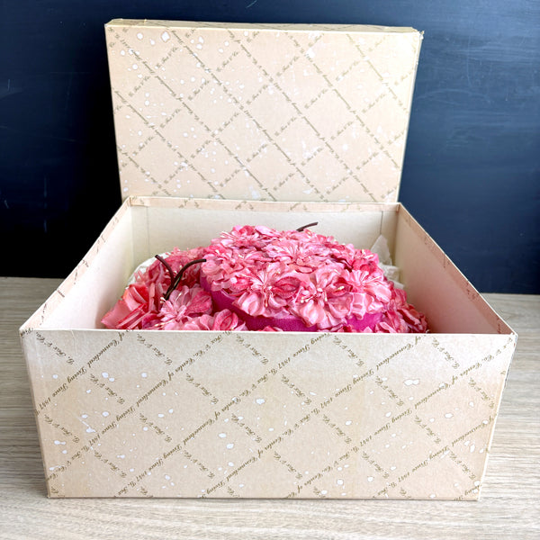 Vintage 1950s Floral Ladies Hat with Velvet Ribbon & Silk Flowers – Union Made – G. Fox & Co. Box