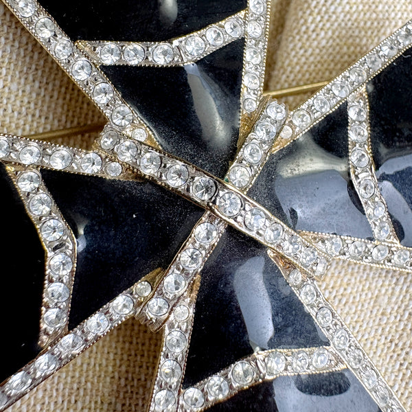 Landau crystal and black enamel / resin Maltese Cross brooch