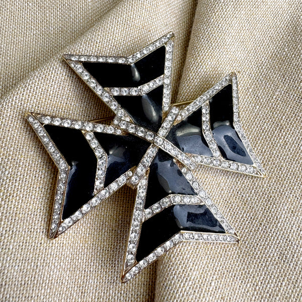 Landau crystal and black enamel / resin Maltese Cross brooch
