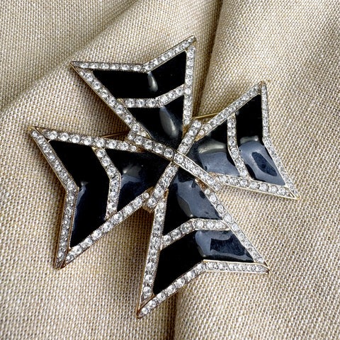 Landau crystal and black enamel / resin Maltese Cross brooch - NextStage Vintage
