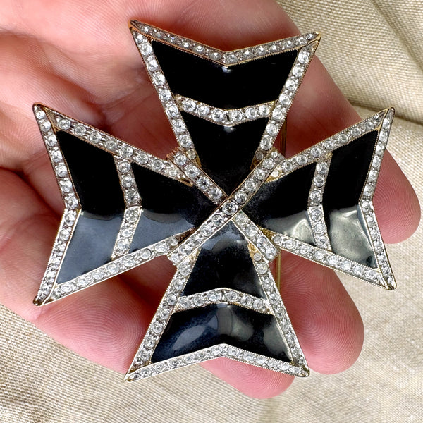 Landau crystal and black enamel / resin Maltese Cross brooch