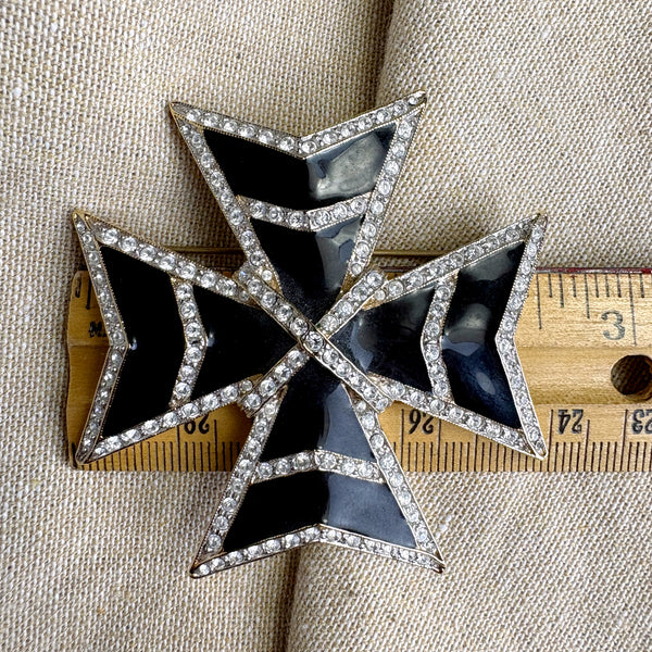 Landau crystal and black enamel / resin Maltese Cross brooch