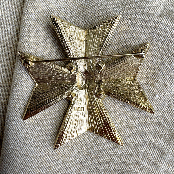 Landau crystal and black enamel / resin Maltese Cross brooch