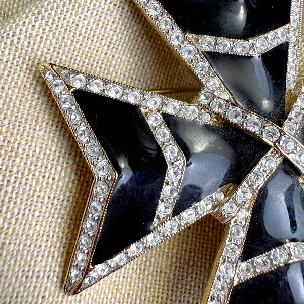 Landau crystal and black enamel / resin Maltese Cross brooch