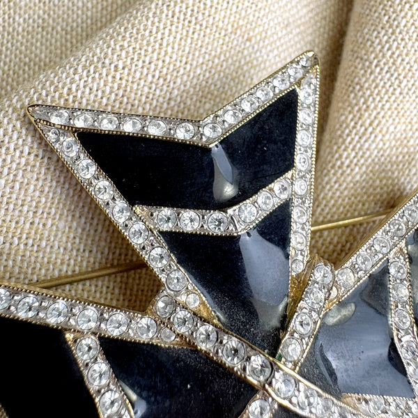 Landau crystal and black enamel / resin Maltese Cross brooch