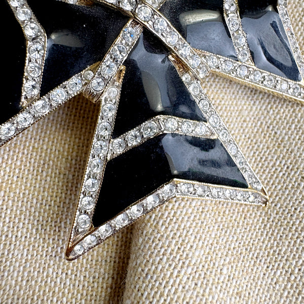 Landau crystal and black enamel / resin Maltese Cross brooch