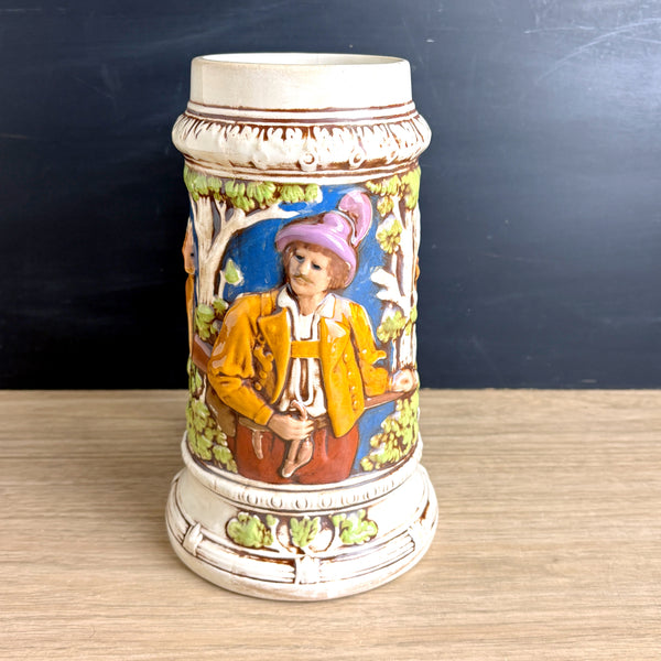 Oversized ceramic stein hand painted - 1970s vintage - deer hunter squirrel trees