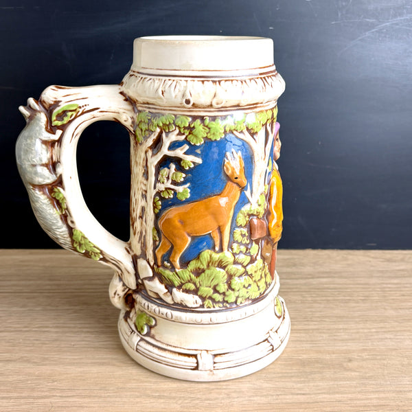 Oversized ceramic stein hand painted - 1970s vintage - deer hunter squirrel trees