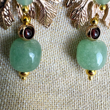 Gold Leaf Drop Earrings – Green & Red Stones - Woodland Inspired