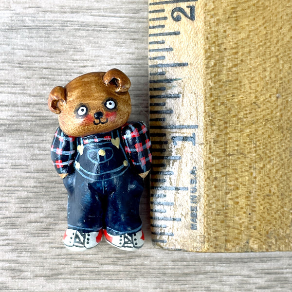 Artist made teddy bear in overalls polymer pin - signed S. Lehman - 1984 - NextStage Vintage