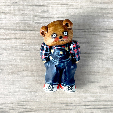 Artist made teddy bear in overalls polymer pin - signed S. Lehman - 1984 - NextStage Vintage