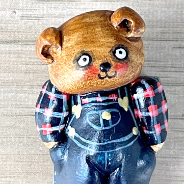 Artist made teddy bear in overalls polymer pin - signed S. Lehman - 1984 - NextStage Vintage