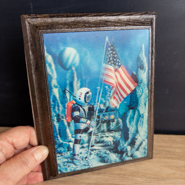 Vintage 1960s 3D Lenticular Astronaut Moon Landing Picture in a Faux Wood Frame