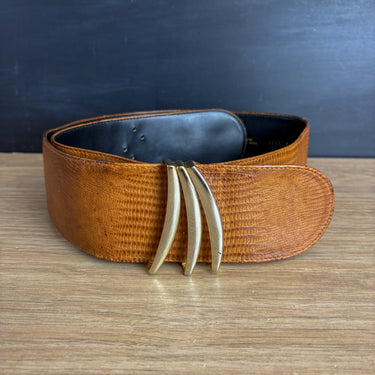 Liz Claiborne 1980s Wide Brown Lizard Pattern Leather Belt Boho Statement