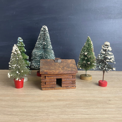 Bottle brush trees and log cabin incense burner - vintage Christmas decor