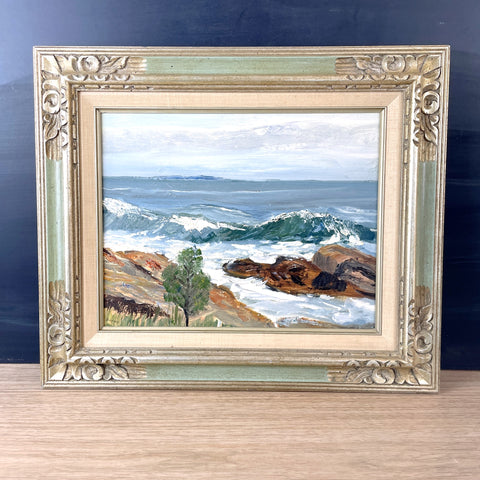 "Lone Pine" rocky coast of Maine seascape painting - 1960s vintage - NextStage Vintage