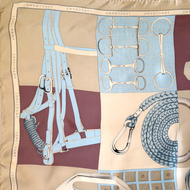 Vintage 1990s Longchamp Square Silk Scarf Equestrian Horse Tack Grid