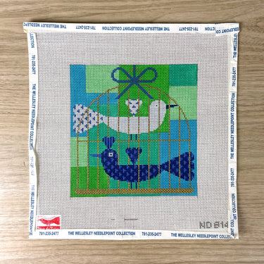 Birds of a Feather lovebirds pair blue needlepoint canvas #ND814 - NextStage Vintage