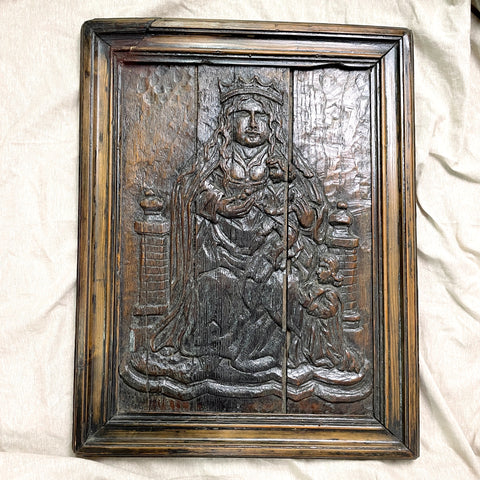 Carved seated madonna with child framed panel - antique of unknown age - NextStage Vintage