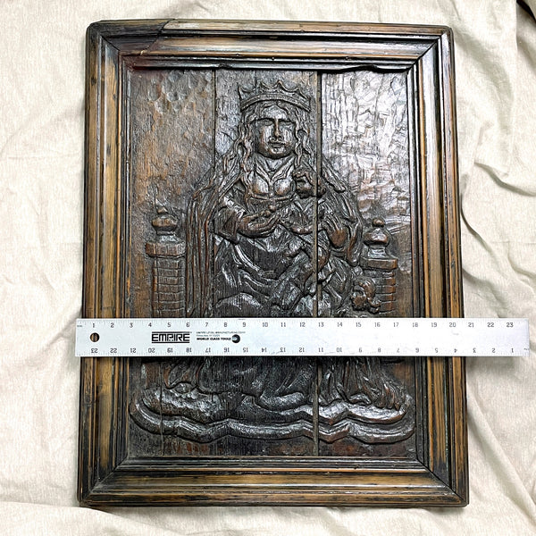 Carved seated madonna with child framed panel - antique of unknown age - NextStage Vintage