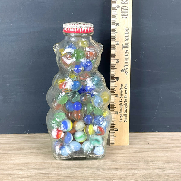 Snow Crest glass bear bank filled with vintage marbles - NextStage Vintage