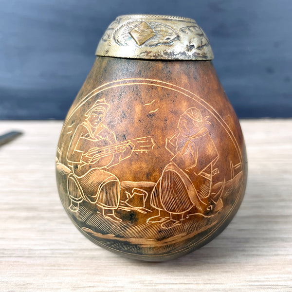 Yerba mate gourd and bombilla with carved design - 1940s vintage - NextStage Vintage