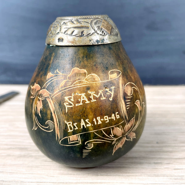 Yerba mate gourd and bombilla with carved design - 1940s vintage - NextStage Vintage