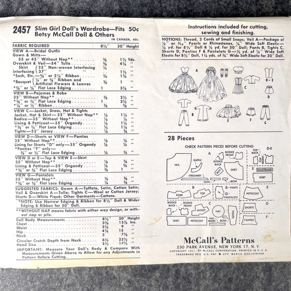 Betsy McCall doll clothes McCall's sewing pattern 2457 - uncut - 1961 - NextStage Vintage