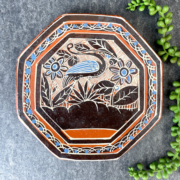 Mexican redware decorative plate with bird and flowers - NextStage Vintage