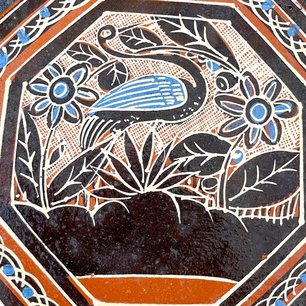 Mexican redware decorative plate with bird and flowers - NextStage Vintage