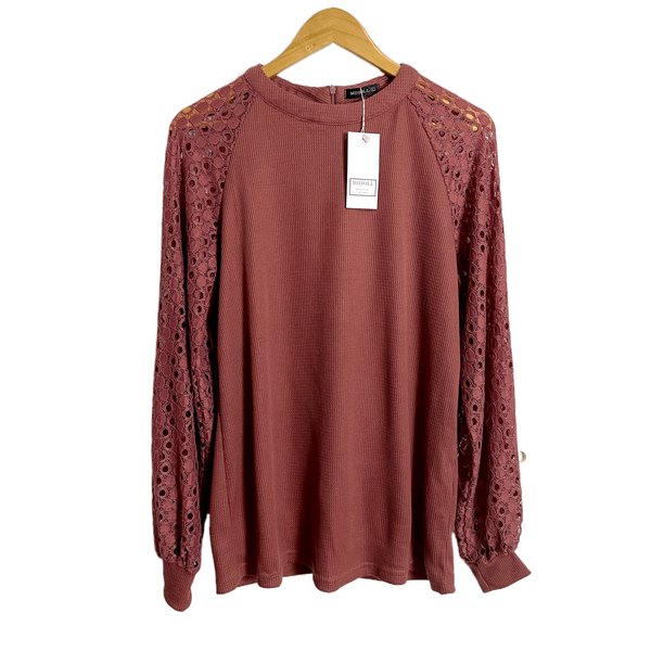 Miholl dusty brick lace sleeve thermal t-shirt -NWT - NextStage Vintage