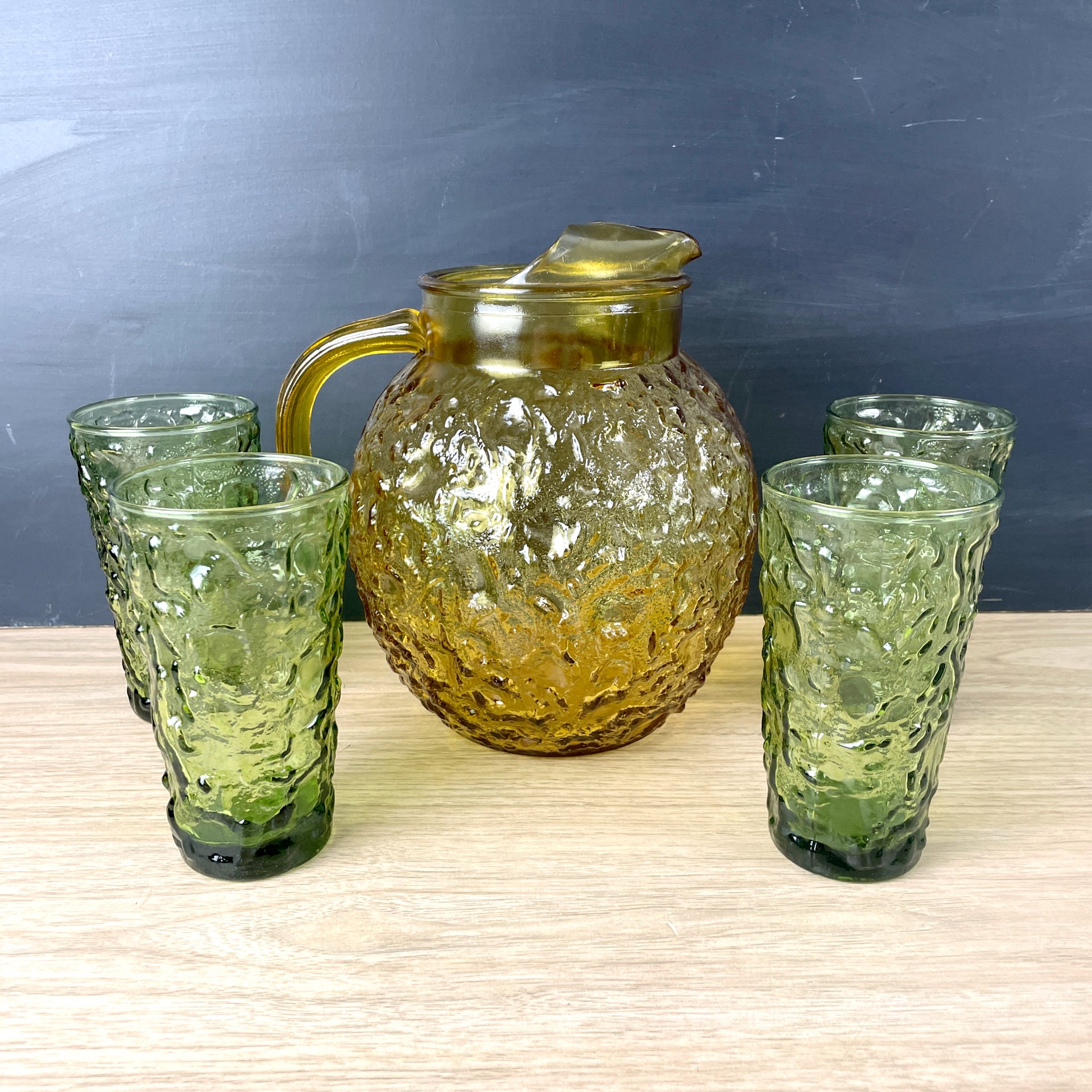 vintage evenflo glass pitcher Anchor Hocking Milano ball pitcher and 4 glasses