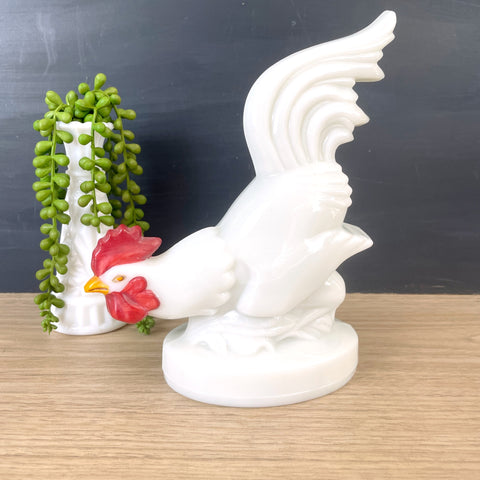 Milk glass rooster figurine - cold painted - 1950s vintage