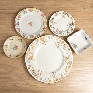 Mismatched China Dinnerware Set for 6 - 24 Piece Antique and Vintage - Minton Ancestral Gold, Antique Nippon Roses, Grandmillennial Tea Party