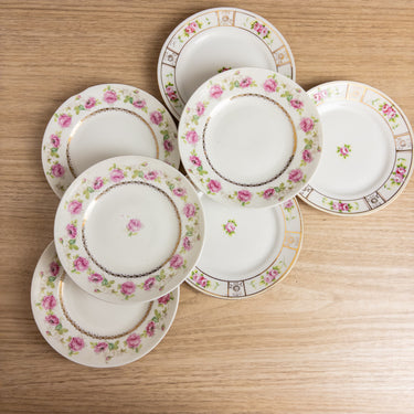 Set of 6 mismatched side plates - romantic pink roses with gold - 6"