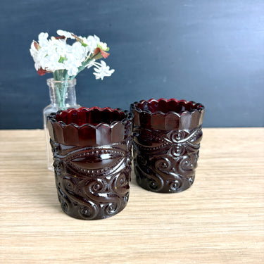 Mosser ruby red Eyewinker toothpick holders - set of 2 - vintage pressed glass - NextStage Vintage