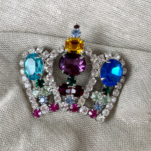 Paris multi color rhinestone crown brooch 1990s vintage