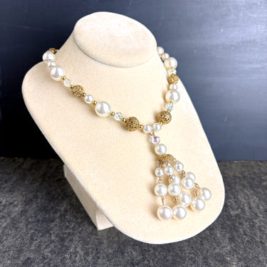 Faux pearls and gold filigree necklace with tassel - 1960s vintage - NextStage Vintage