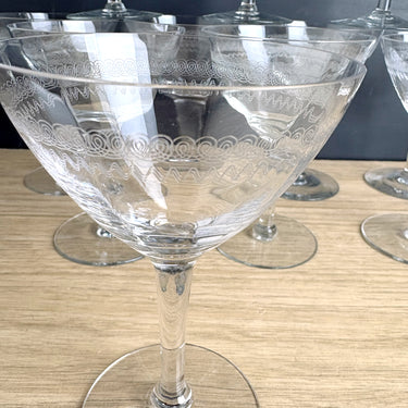 Vintage needle etched champagne coupe cocktail glasses - set of 11 - NextStage Vintage