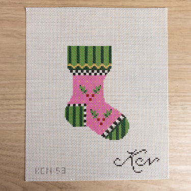 Kelly Clark Pink Holly Sock Mini Stocking Needlepoint Canvas KCN53 NOS